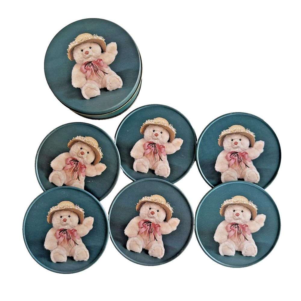 Vintage Teddy Bear Coaster Set Matching Collector Tin Set of 6 Cork Backs